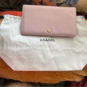 CHANEL Long Wallet Pink Coco Button Bifold Leather Gold Hardware Used
